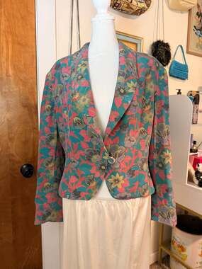 Vintage Diane Gilman 100% Silk Floral Cropped Blazer Jacket Teal Pink Medium